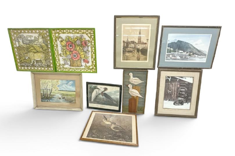 (9) framed pcs. Estate artwork, textiles, and folk art wood birds, good lot for a dealer to sort: (9) framed pcs. Estate artwork, textiles, and folk art wood birds, good lot for a dealer to sort out?.just as we found them. ( 317081, 317082, 340022, 339033, 341015, 339030, 339031, 339034, 303030 ).