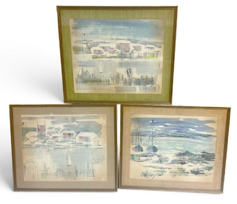 (3) wonderful Mid Century impressionist watercolor seascape- landscapes, in frames and matting of (1 of 5)