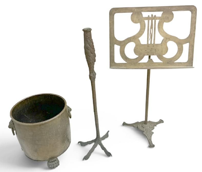 (3) pc. Estate metal lot to include chicken foot brass candle holder, brass pot with claw feet and (1 of 4)
