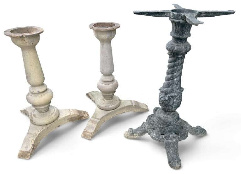 (3) old table bases including (2) iron & aluminum black one, no tops, from estate in Hudson Valley,: (3) old table bases including (2) iron & aluminum black one, no tops, from estate in Hudson Valley, wonderful form, black one measures 32" high and other (2) are 27.25" each?...nice old patina?.