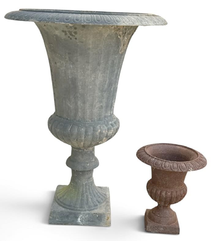 (2) vintage iron garden urns, in nice overall condition, from local Hudson Valley garden, they (1 of 2)