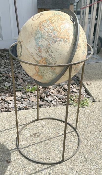 Contemporary floor model globe set in iron base, measures 37" high. From local home, nice overall (1 of 3)