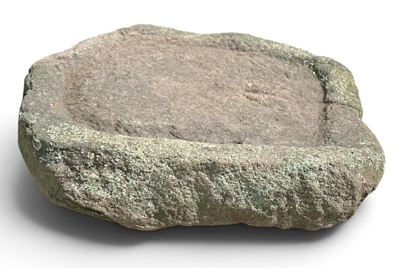 Wonderful bluestone base for something that had a cover over the grooves on top border, was used as: Wonderful bluestone base for something that had a cover over the grooves on top border, was used as decorative objst in Hudson Valley garden, wonderful patina, measures 29" x 30" x 6.5" thick?...