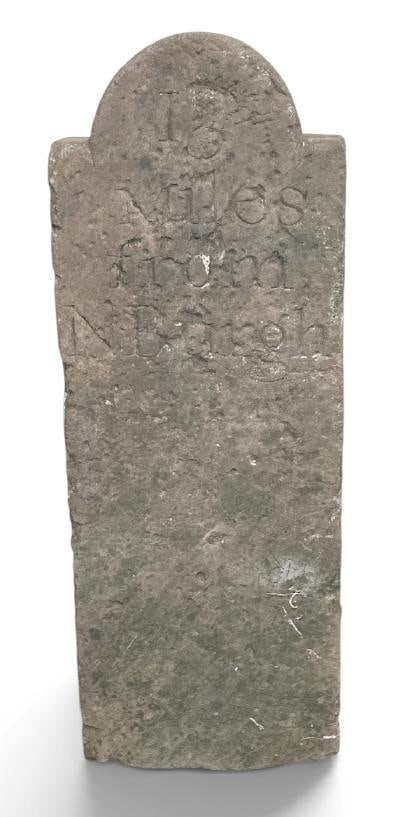 19th century bluestone marker 13 miles from Nburgh ( Newburgh, N.Y. ), from Hudson Valley estate: 19th century bluestone marker 13 miles from Nburgh ( Newburgh, N.Y. ), from Hudson Valley estate garden, measures 34.5" high x 12.5" wide x 3.25" thick.