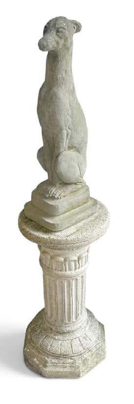 Cast concrete whippet garden statue on concrete pedestal, from Hudson Valley garden, ( one ear (1 of 1)