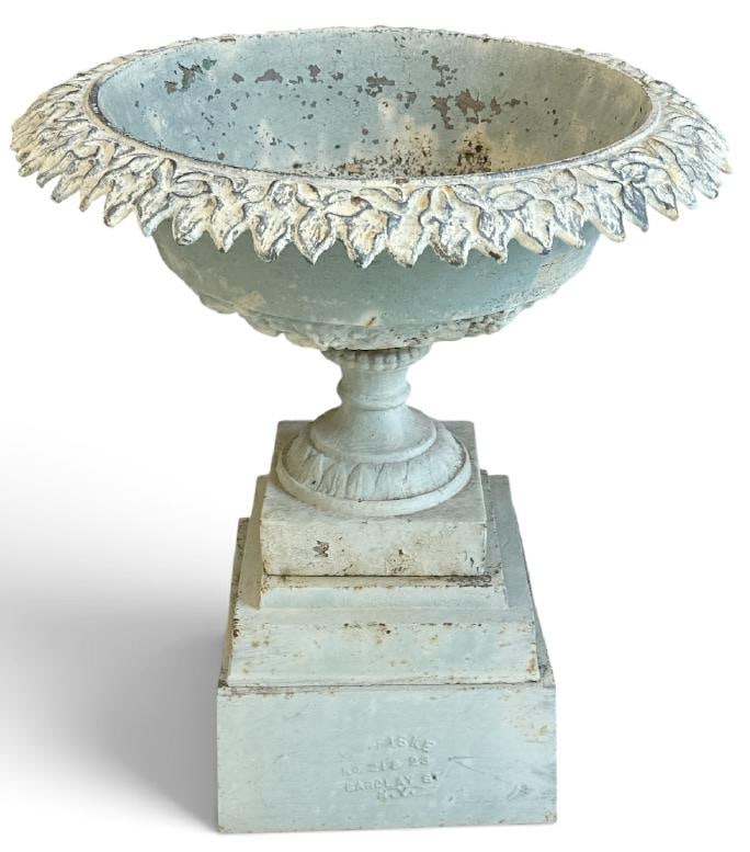 FISKE (3) part cast iron garden urn, in older light green paint, signed on base, very nice form and: FISKE (3) part cast iron garden urn, in older light green paint, signed on base, very nice form and condition, measures 24" high x 21" across the top, from Hudson Valley home.