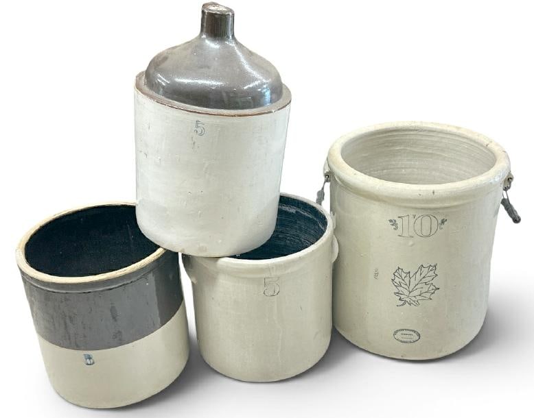Stoneware lot to include 10 gallon crock, (2) 5 gallon crocks and 5 gallon jug, from Hudson Valley (1 of 1)