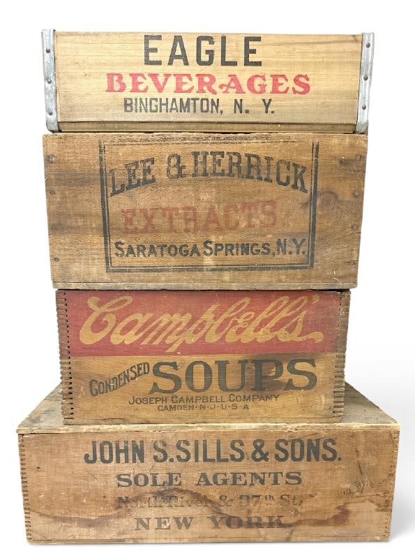 (4) old advertising crates and boxes, bottom one has a lid, found in local Hudson Valley home. (1 of 1)
