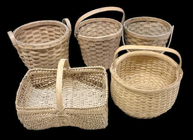 (5) older handmade woven baskets found in Hudson Valley home, nice overall condition?..just as we: (5) older handmade woven baskets found in Hudson Valley home, nice overall condition?..just as we found them. ( a few broken splints )?..