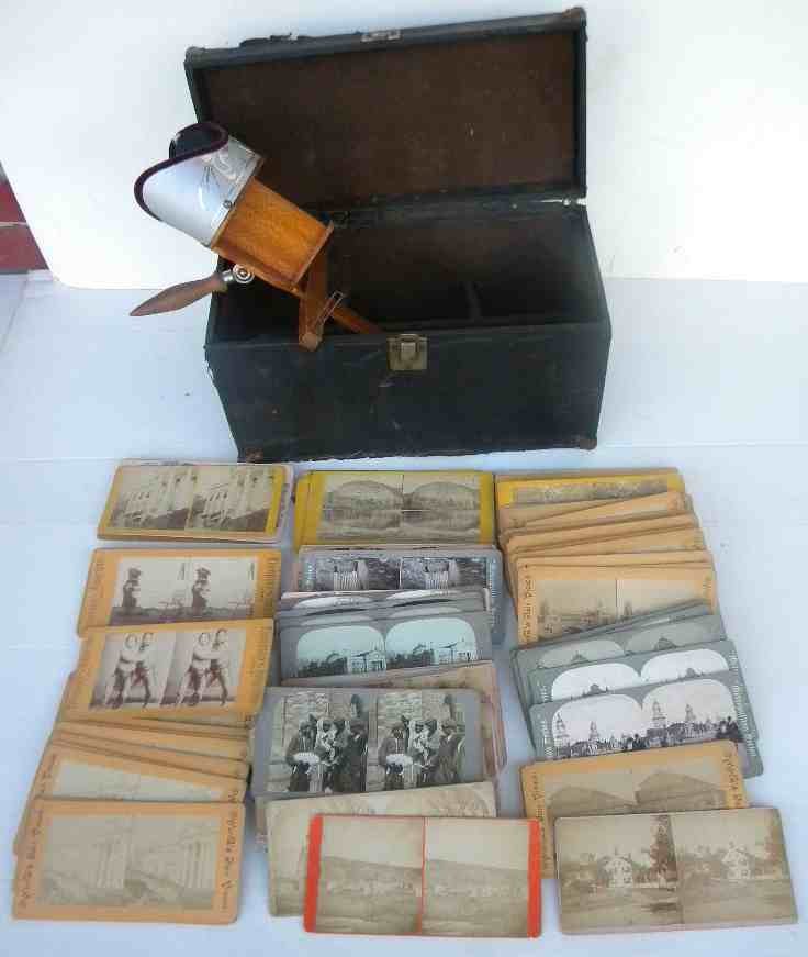 Stereo Viewer in Fitted case with stereo cards, mixed l: Stereo Viewer in Fitted case with stereo cards, mixed lot, including non published landscapes and images.