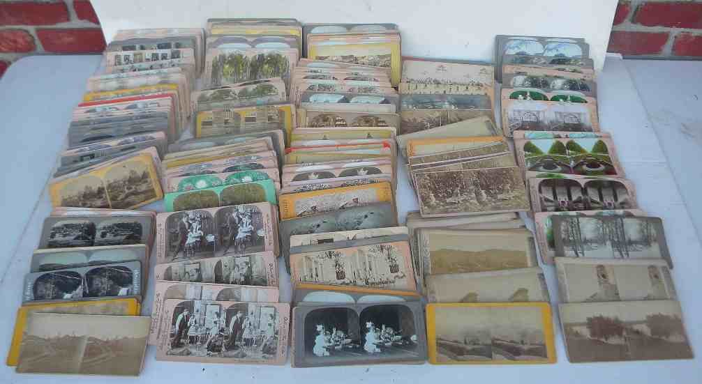Big lot Estate Stereo cards in wood box including vario: Big lot Estate Stereo cards in wood box including various published cards and unpublished small town views. Good mixed lot to sort out, diversified lot.