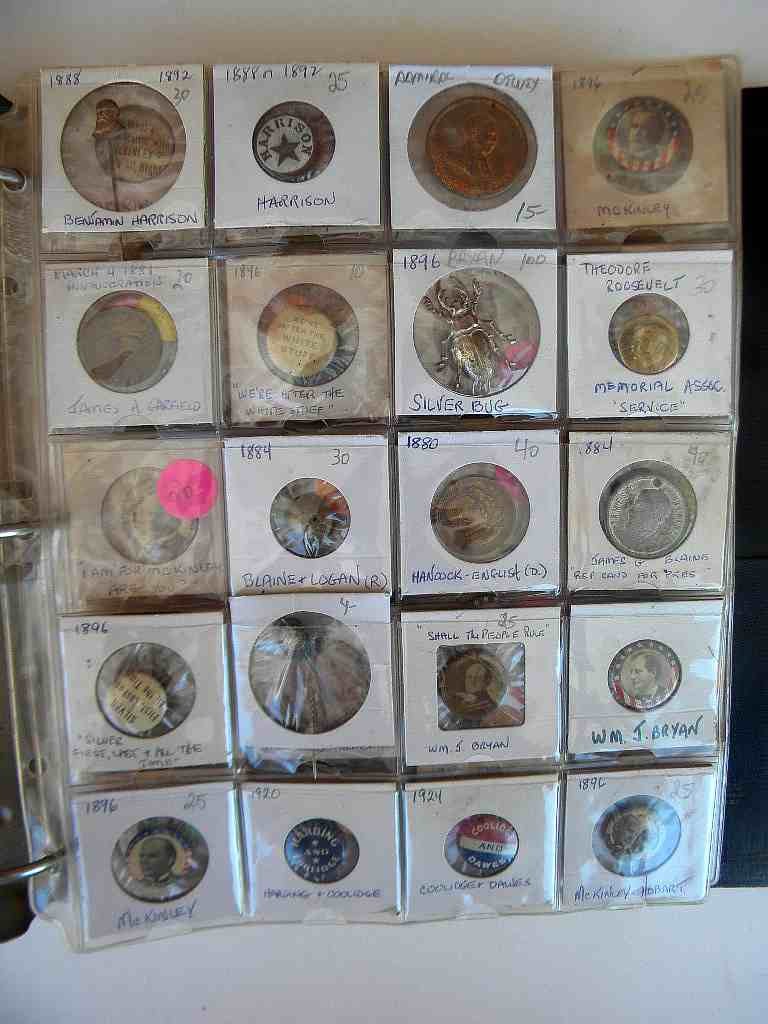 Album early Political Pinback buttons & tokens includin: Album early Political Pinback buttons & tokens including Harrison, Teddy Roosevelt, Bryan, Blaine, Mckinley Hobart, Harding & Coolidge, Alton Parker, Wilson, Taft, Hughes, Hoover, Smith & Robinson, Al