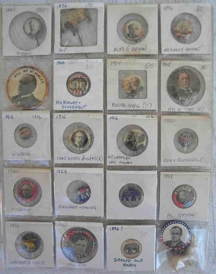 Lot of early Political pinback buttons & related includ: Lot of early Political pinback buttons & related including Grant, Blaine, Bryan, Mckinley-Hobart, Mckinley & Roosevelt, Parker-Davis, Taft, Wilson, Hughes, Harding, Coolidge & Dawes, Al Smith, Landon-