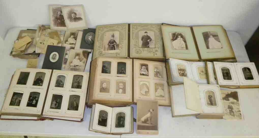 Lare lot old phtographs incl. albums filled with cabine: Lare lot old phtographs incl. albums filled with cabinet cards, cdv's and tintypes, also loose cabinet cards and cdv's. Also in lot are some stereo cards, and some framed photographs, including handpa