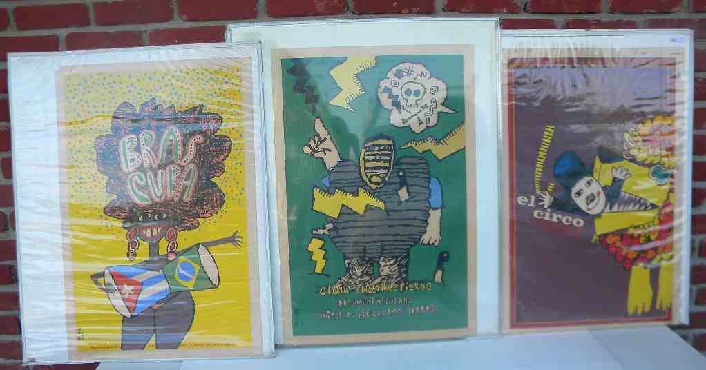 Lot of 5 Cuban Poster by Bachs Great Graphics: Lot of 5 Cuban posters, artist Bachs, including Cuban Poster Art:a retropective 1961-1982, Bras Cuba, elaue siemprepiarde documentalcubano, pedro cero por ciento, and el circo with Charlie Chaplin, so