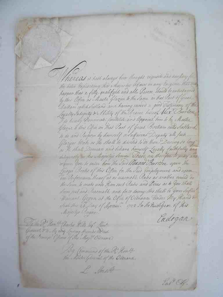 1722 British Document Appointing Master Glazier: 1722 British document appointing Master Glazier, with seal in upper left corner, has creases, stains, some tears, document measures 14 1/2" X 19", as pictured