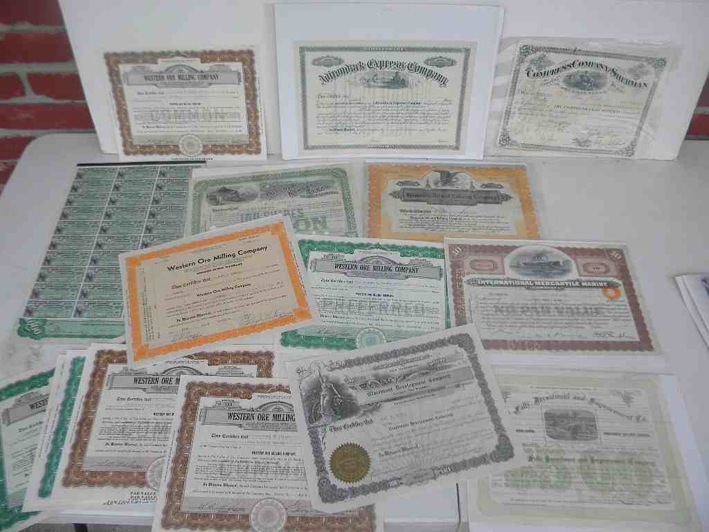 Lot of 19 Misc Stock Certificates: Lot of 19 misc stock certificates including Missouri,Kansas and Texas Railway Co, Minnesota Oil and Refining Co, Sioux Falls Investment and Improvement Co, The Compress Company of Sherman, Internation