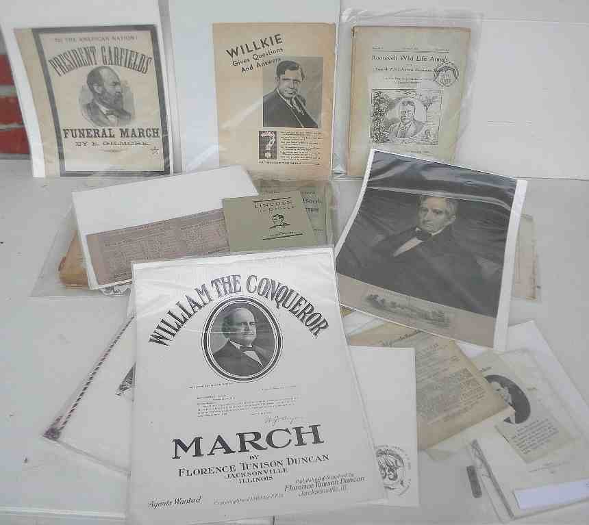 Box of Presidential & Political Ephemera: Box of Presidential and political ephemera including booklets, magazines, books, music, and more about William Henry Harrison, Herbert Hoover, Theodore Roosevelt, Grant, Lincoln, Washington, Garfield,