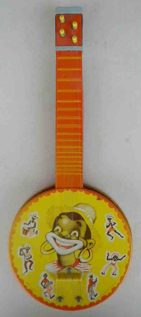 Vintage Lithograph Tin Toy Banjo W/Black Figures: Lithograph tin toy banjo w/black figures made in England, Chad Valley, measures 19" X 8", has nylon strings, as pictured