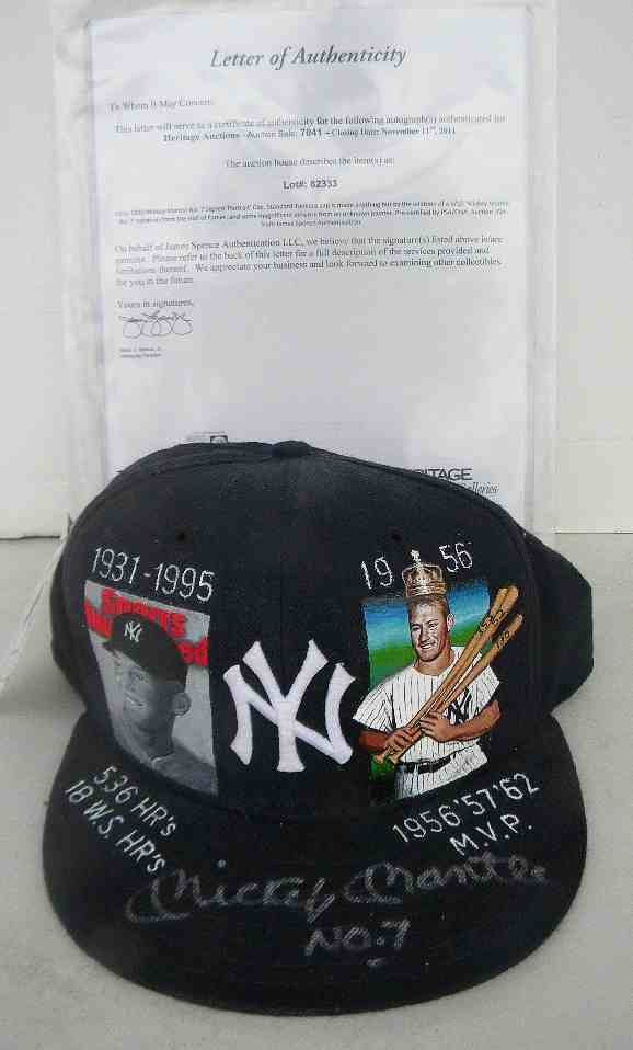 Mickey Mantle LE Circa 1990 #7 Signed Portrait Cap: Mickey Mantle Circa LE 1990 #7 Signed Portrait Cap, with James Spence letter, he purchased it from Heritage Auctions. In excellent condition, it was lot number #82333 in their auction. Only 536 made, 