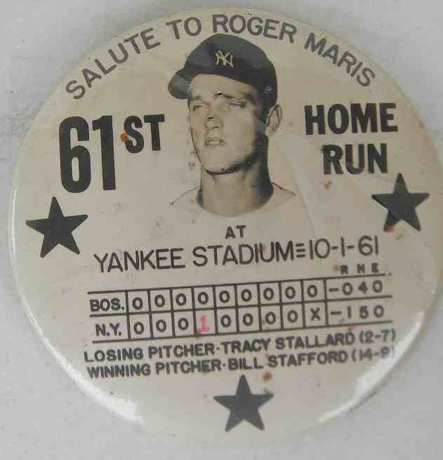 Large Salute to Roger Maris Pin 61st Home Run: Salute to Roger Maris pin 61st home run, measures 3 3/8", back has some pitting, good condition, coating on front of pin has tear, as pictured, from estate sports collection