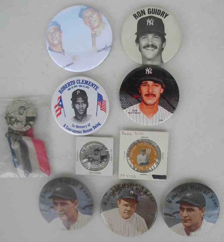 Lot of 10 Baseball Player Pins: Lot of 10 baseball payer pins including, Ted Williams stadium pin, A W&H Never Forgotten Babe Ruth pin, small Ted Williams pin, 3 Hall Of Fame pins, Ruth, 2 Gehrigs, and others, some have pitting on b
