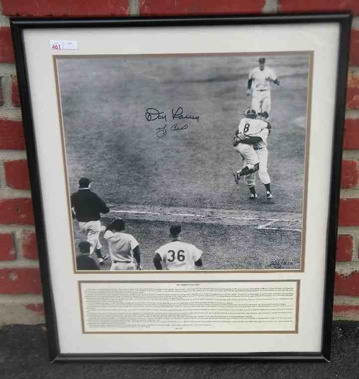 Don Larsen & Yogi Berra Signed Perfect Game Photo: Don Larsen & Yogi Berra signed Perfect Game photograph, framed and matted, All Star Marketing C of A #226 of 1956, measures 25" X 21", as pictured, from estate sports collection
