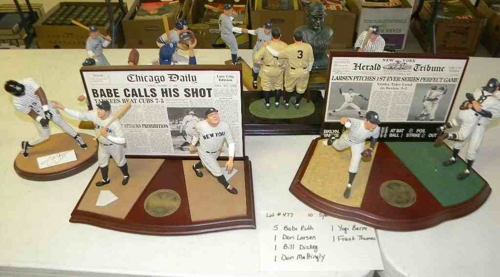 10 Baseball Limited Editon figurines: 10 Baseball Limited Edition figurines including 2 Babe Ruth & Lou Gehrig, Yogi Berra, Frank Thomas, Hartland Babe Ruth & Lou Gehrig, Don Mattingly, A Sample Upper Deck Yogi Berra Bus, a Romito Babe Ru