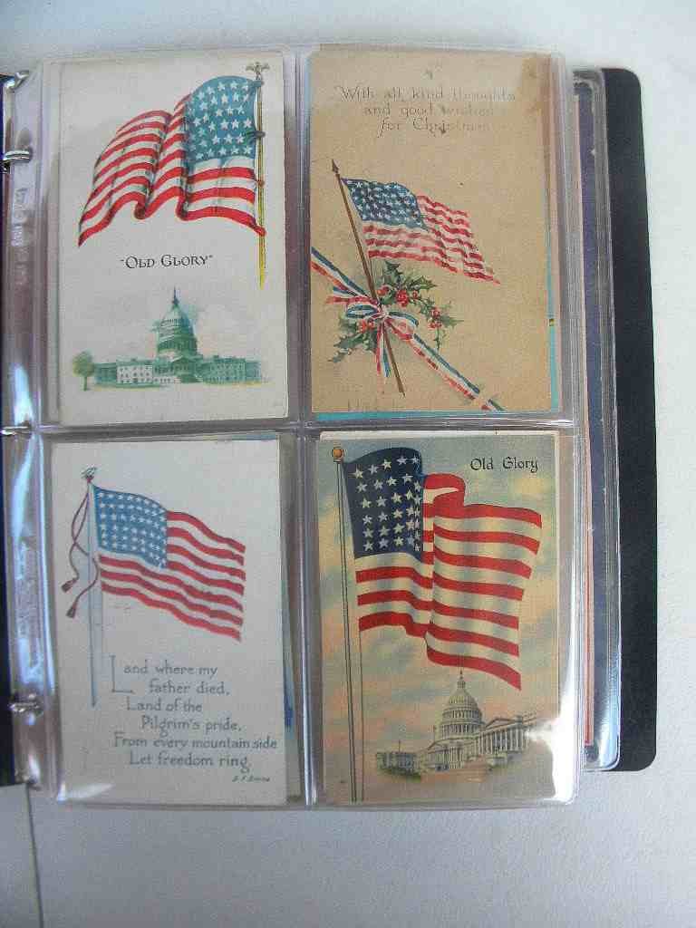 American Flag Postcard & Ephemera Album: American flag postcard & ephemera album including Old Glory, God Bless America, Betsy Ross flag, The Star Spangled Banner, America, floral, buildings with flags, historical, with children, George Wash