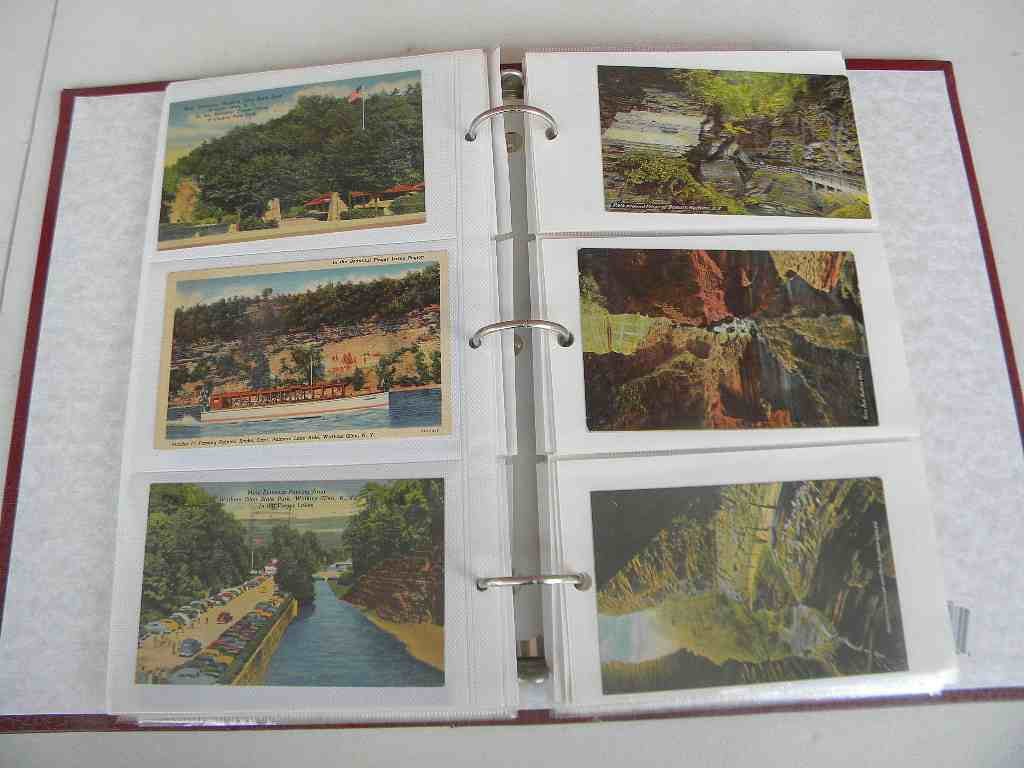 Postcard Album-Over 100 New York State Postcards: Postcard Album with over 100 New York State postcards including the Finger Lakes, Cayuga lake, Buttermilk Falls, Watkins Glen, Skaneateles Lake, Geneva, buildings, scenic, bridges, and more, good cond