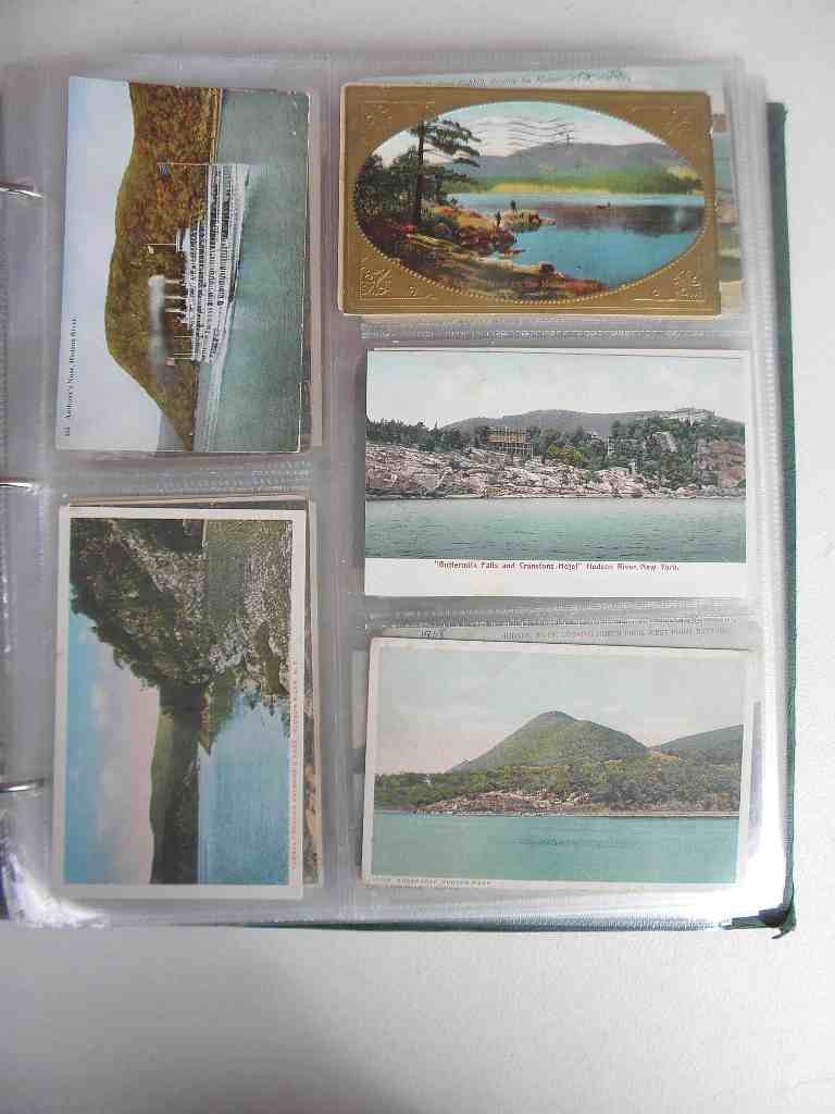 Postcard Album -Mostly New York State, Over 120: Postcard album with over 120 mostly NY State including Catskill Mtns, Watkins Glen, Cooperstown, Middletown, Walden, Fishkill, Hudson River, scenic, buildings, boats, mountains, monuments, and many mo