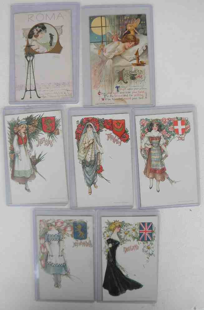 7 Postcards-5 Schmucker? Series, 1 Kirchner, 1 Hallowee: 7 Postcards; 5 Schmucker (?) Cosmopolitan Series or American Girl postcards including Norway, Turkey, Netherlands, England, and Italy, by Detroit Publishing Company, 1 Raphael Kirchner Roma postcard w