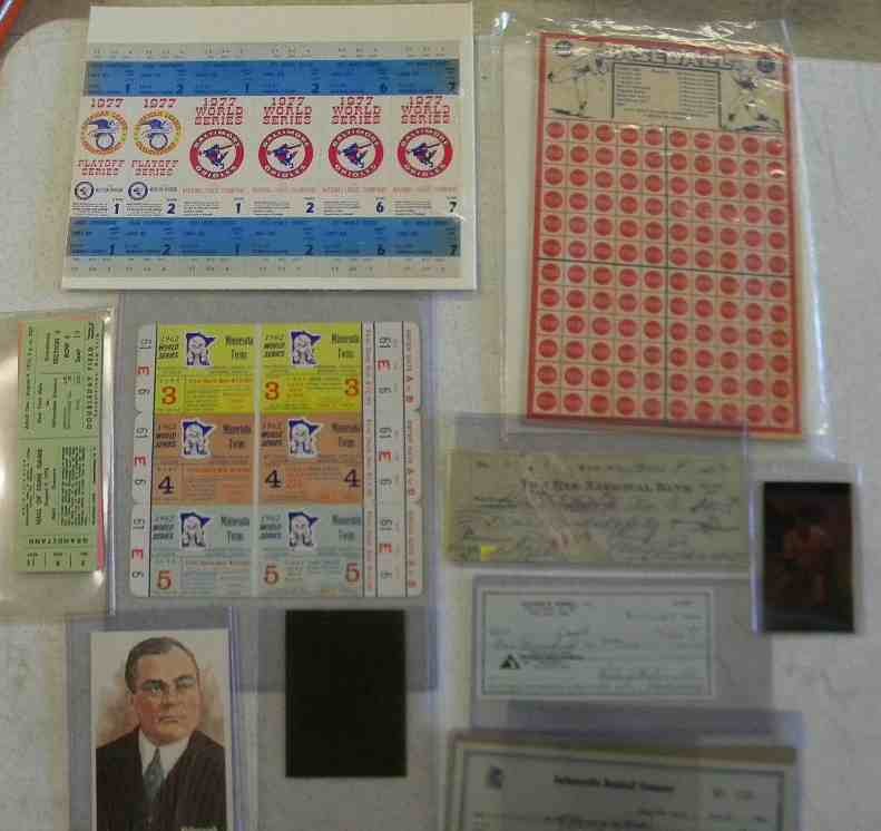 Misc. Vintage Baseball Ephemera & Collectibles Lot: Misc. Vintage Baseball Ephemera & Collectibles Lot, including 7 1976 full HOF game tickets, Rick Ferrell signed check, Bill Terry signed Jacksonville Baseball Co. signed check, Ed Barrow Perez Steele 