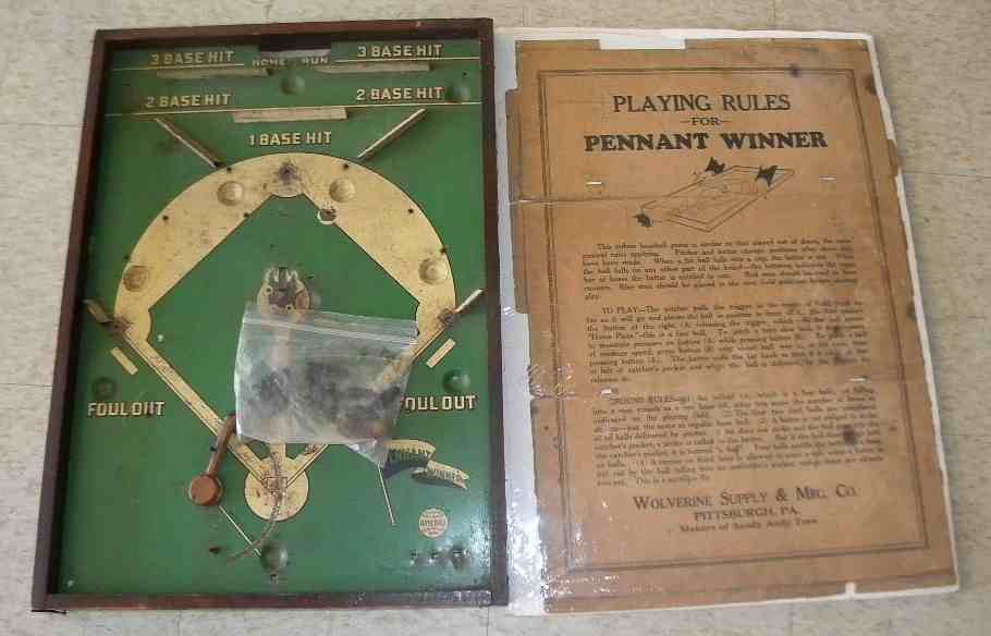 Wolverine PENNANT WINNER Early Baseball Game: Wolverine PENNANT WINNER Early Baseball Game, with box top only, has all players, bat and ball. Playing surface has wear from use.
