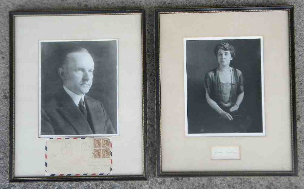 Framed Signed Photos of Calvin Coolidge & Wife Grace: Framed Signed Photos of Calvin Coolidge & Wife Grace, from estate in Ulster County, New York, where they hung in his office...Calvin Coolidge is in dated envelope from 1932, with Mount Vernon post mar