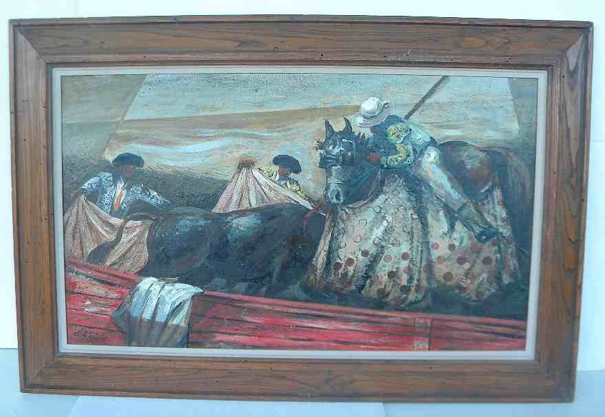 James Carlin (1906-2005) o/b The Pictador at Bullfight: James Carlin (1906-2005) o/b The Pictador at Bullfight, in nice period chestnut frame, in estate found condition, artist board measures 18" x 31". Born June 15, 1906 in Belfast, Ireland, James Carlin