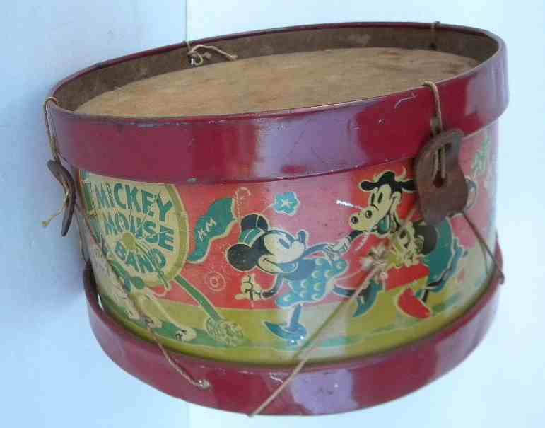 Vintage MICKEY MOUSE Toy Drum w/ Great Graphics: Vintage MICKEY MOUSE Toy Drum w/ Great Graphics, measures 9" across and 5 1/2" high, nice overall condition, wear to drum covers....