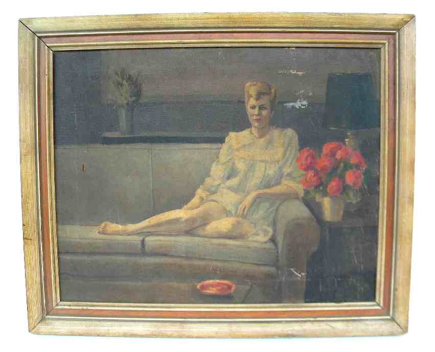 Portrait of Woman in Nightgown on Sofa Signed Illegibly: Portrait of Woman in Nightgown on Sofa Signed Illegibly, in lower right corner, at first I thought it read JOSEPH GLEASON, Oct. 1950. Then it looks like a M at the end of the name. Canvas measures 16"