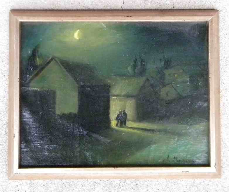 Alex Minewski (1917-1979) WPA o/c Night Street Scene: Alex Minewski (1917-1979) WPA o/c Night Street Scene, with moon lit in background and 2 figures walking between buildings.... canvas measures 14" x 18". Good condition, signed lower right. Born in 191