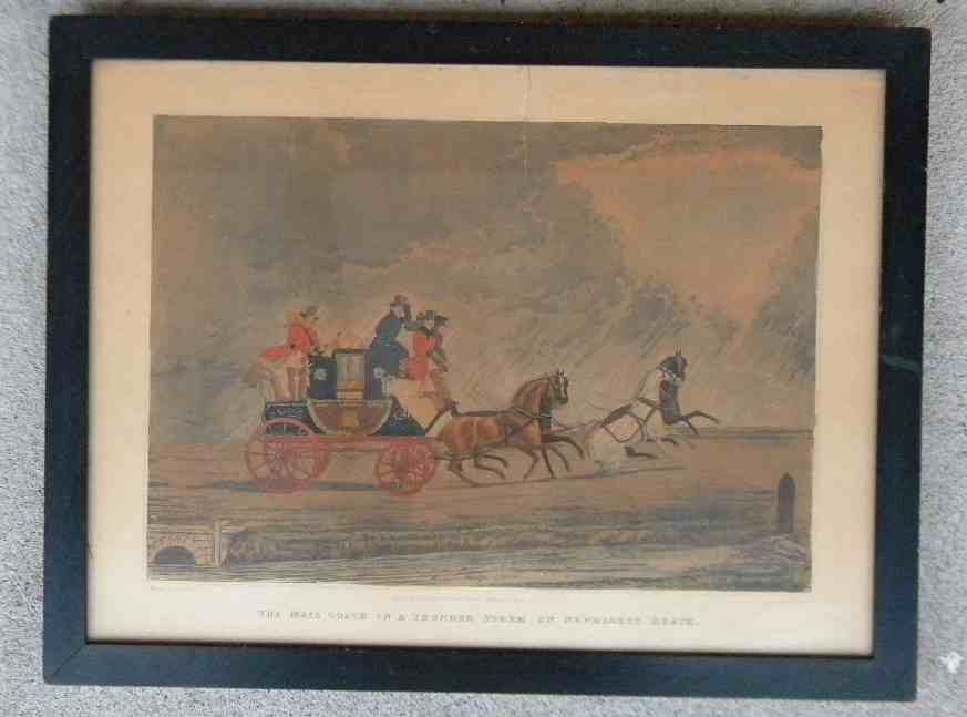 The Mail Coach In A Thunder Storm On Newmarket Heath Pr: The Mail Coach In A Thunder Storm On Newmarket Heath Print, Engraved by G. Reeves, in oak frame. Print measures 15" x 20", has 3" rip in center, as pictured.