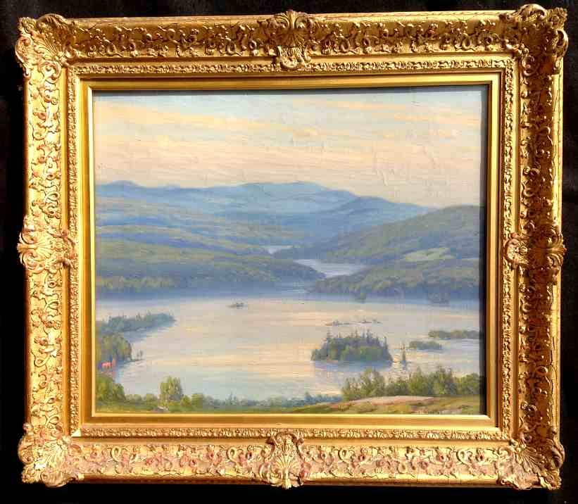 Gustav Wiegand o/c Landscape Hudson Valley Region: Gustav Wiegand o/c Landscape Possibly Hudson Valley region, fresh from estate in Palenville, New York, in fancy frame of the period, with small piece of gesso off center shell on bottom. Canvas is unt