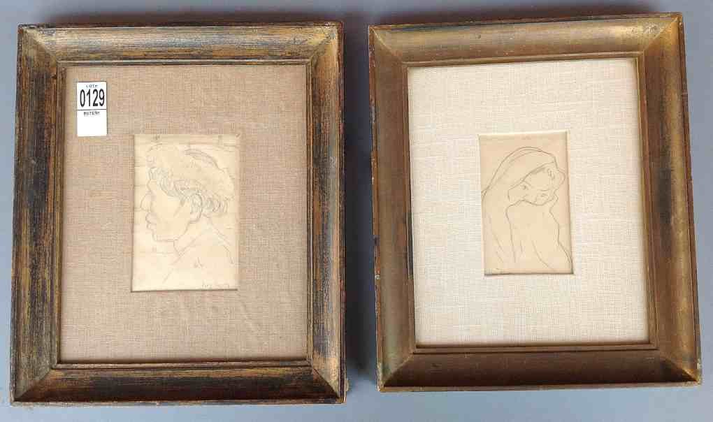 2 DIEGO RIVERA PENCIL DRAWINGS OF MAN AND WOMAN IN VEIL: 2 DIEGO RIVERA PENCIL DRAWINGS OF MAN AND WOMAN IN VEIL FROM ESTATE IN NEW JERSEY, 1 MEASURES 5 1/2" X 4", 1 IS 5" X 3", IN PERIOD FRAMES