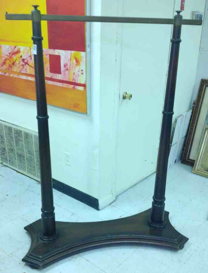 EARLY WOOD AND METAL STORE CLOTHING RACK, NICE FORM, ME: EARLY WOOD AND METAL STORE CLOTHING RACK, NICE FORM, MEASURES 60" HIGH, 42" ACROSS
