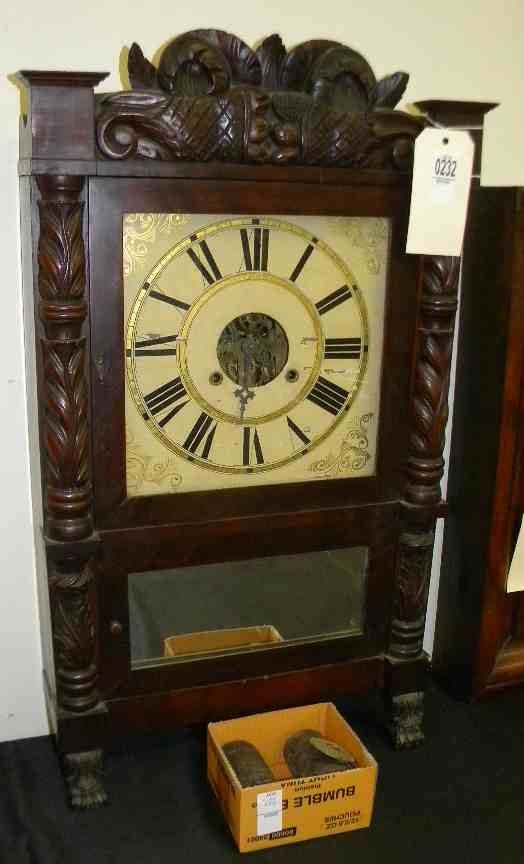 EARLY CARVED WEIGHT DRIVEN MAHOGANY SHELF CLOCK, CLAW F: EARLY CARVED WEIGHT DRIVEN MAHOGANY SHELF CLOCK, CLAW FEET, WITH WEIGHTS, AS IS CONDITION, MEASURES 30 1/2" HIGH, 17" WIDE, NOT SURE OF MAKER