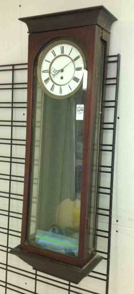 WALNUT 35" WEIGHT DRIVEN WALL CLOCK, HAS 1 WEIGHT, LARG: WALNUT 35" WEIGHT DRIVEN WALL CLOCK, HAS 1 WEIGHT, LARGE PENDULUM AND KEY, MAKER UNKNOWN, CASE GOOD CONDITION WITH SOME KNICKS