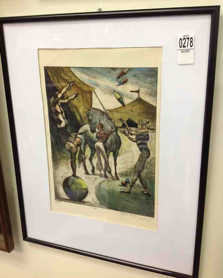 LESLIE BENDER HAND COLORED PRINT TITLED CIRCUS, 12/25, : LESLIE BENDER HAND COLORED PRINT TITLED CIRCUS, 12/25, PRINT WAS DONE IN 1987 AND HAND COLORED IN 1993, PRINT MEASURES 15" X 10"