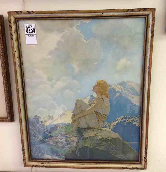MAXFIELD PARRISH PRINT TITLED MORNING, WITH ORIGINAL LA: MAXFIELD PARRISH PRINT TITLED MORNING, WITH ORIGINAL LABEL ON BACK FROM REINTHAL & NEWMAN, MEASURES 15" X 12"