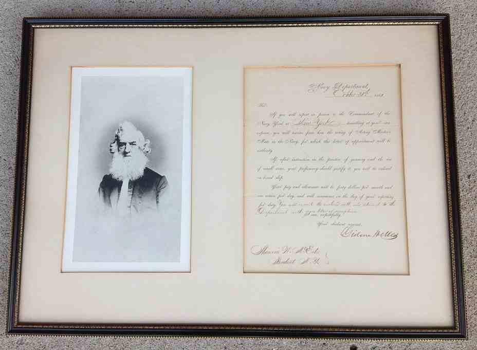 Gideon Welles Signed Civil War Document to M W McEntee: Gideon Welles Signed Civil War Document to M W McEntee ( born in Kingston, N.Y. ) Nicely framed and matted, hung in local gentleman's office, along with others from same estate. Dated October, 31, 186