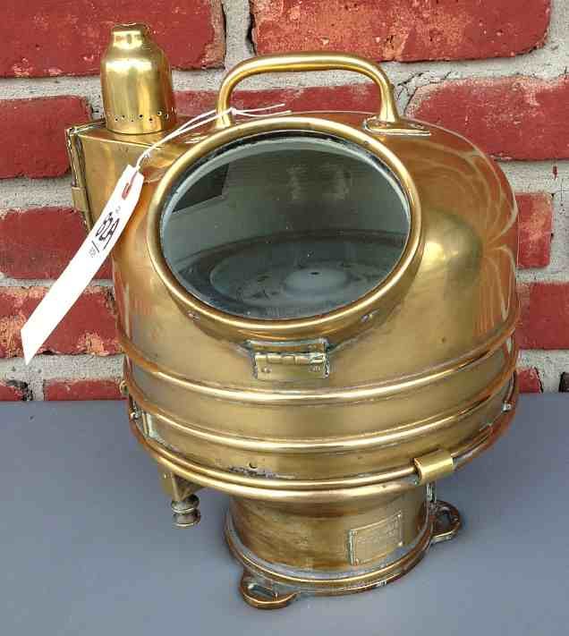 Older Brass Ship Compass Binnacle No. 2012 K.S.: Older Brass Ship Compass Binnacle No. 2012 K.S. From local home, polished, with burner to light intact, measures 12" high and 11" front to back.