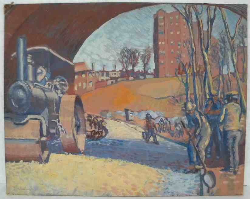 ALFRED GOLDSCHMIDT IMPRESSIONIST O/B STEAM ROLLER W/MEN: ALFRED GOLDSCHMIDT IMPRESSIONIST O/B STEAM ROLLER W/MEN WORKING, VERY WPA FEEL TO IT, MEASURES 16" X 20", CIRCA 1940, LABEL ON BACK AND SIGNED ON FRONT, GOOD CONDITION, HAS 2 SMALL TEARS IN LEFT CORNE